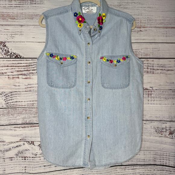 Vintage Tops - Vintage Denim Sleeveless Button Down Floral Embroidered Shirt Lg